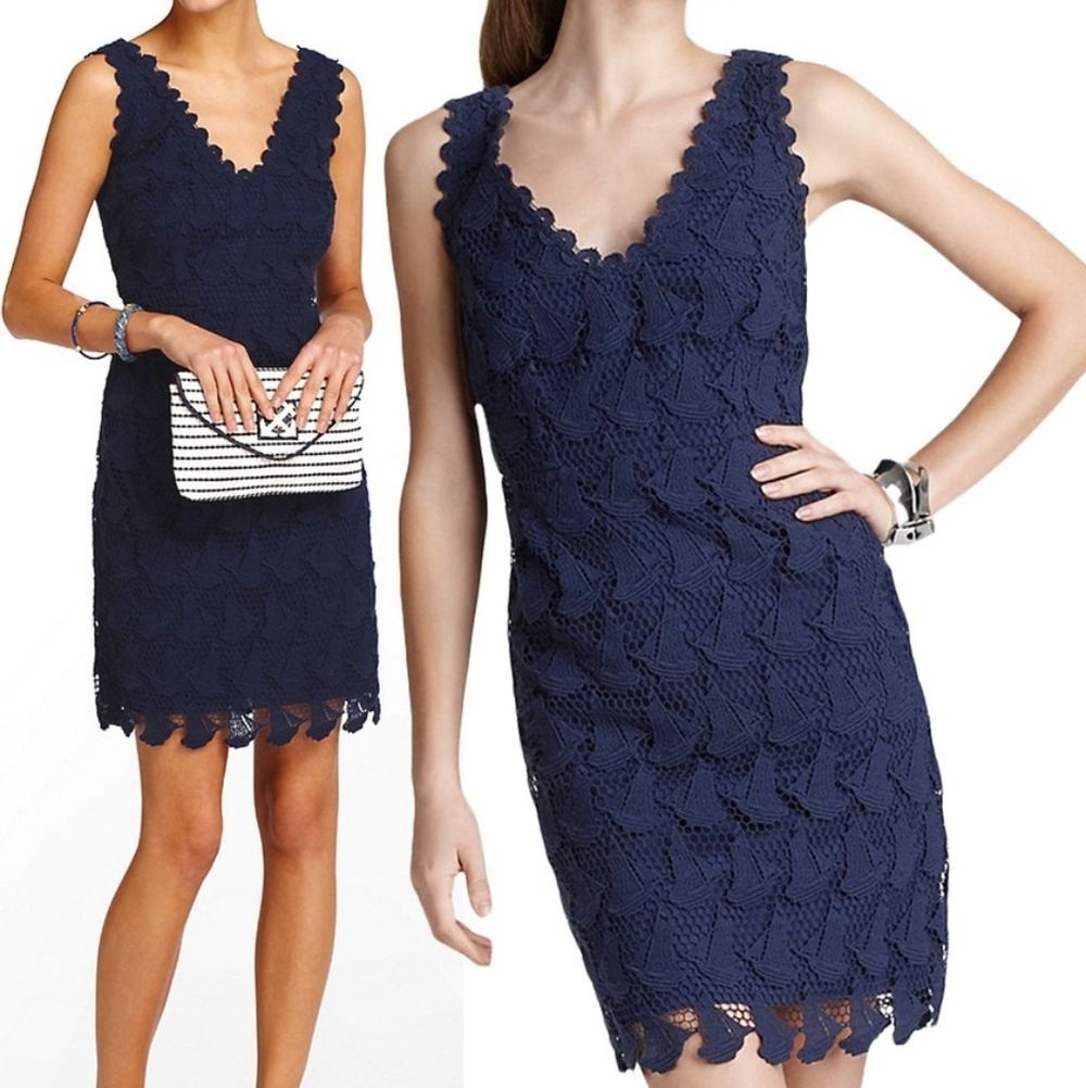 Lilly Pulitzer Reeve Sailboat Navy Crochet V-Neck Sleeveless Dress